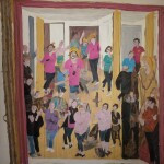 people at a party going through different doorways